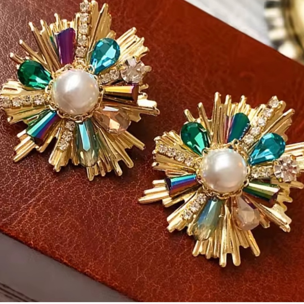 Anthropologie Gold Earrings with Multicolor Gems - Picture 2 of 5